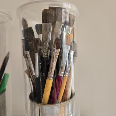 Paint Brush Caddies with Paint Brushes and a New Container of Paint Brushes