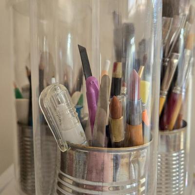 Paint Brush Caddies with Paint Brushes and a New Container of Paint Brushes