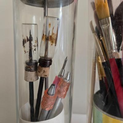 Paint Brush Caddies with Paint Brushes and a New Container of Paint Brushes
