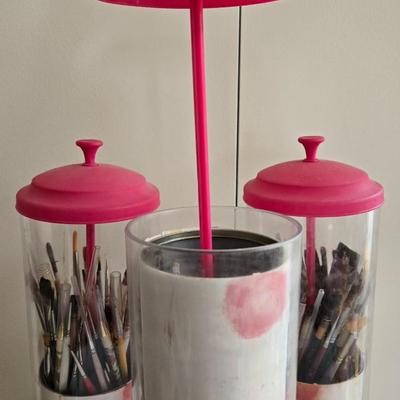 (3) Pink Paint Brush Caddies with Paint Brushes