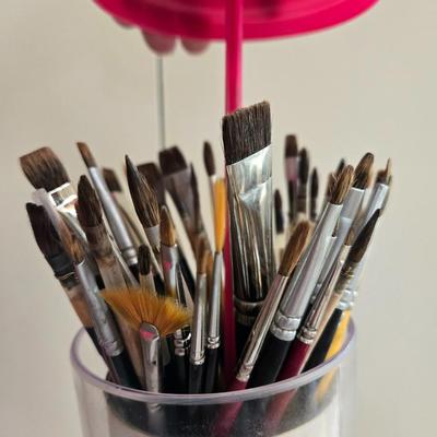 (3) Pink Paint Brush Caddies with Paint Brushes
