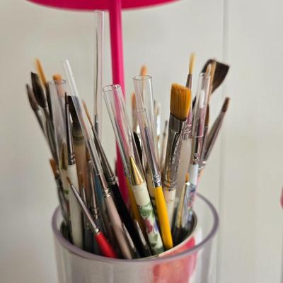 (3) Pink Paint Brush Caddies with Paint Brushes