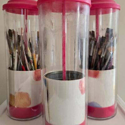 (3) Pink Paint Brush Caddies with Paint Brushes