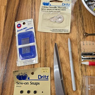 Sewing Lot - Thread, Scissors, Pins, Magnetic Pin Tray, Bobbins & More