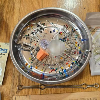 Sewing Lot - Thread, Scissors, Pins, Magnetic Pin Tray, Bobbins & More