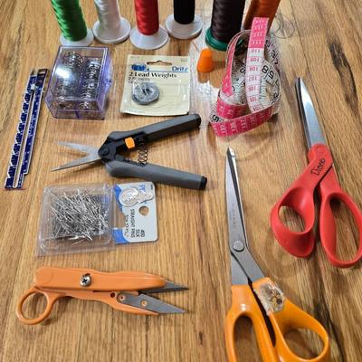Sewing Lot - Scissors, Thread, Bobbins and More