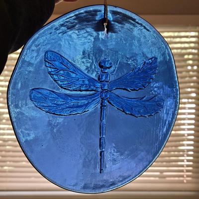 Cobalt Blue Glass Dragon Fly Hanging Disc and Purple Crackle Glass Ball