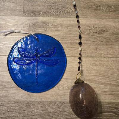 Cobalt Blue Glass Dragon Fly Hanging Disc and Purple Crackle Glass Ball