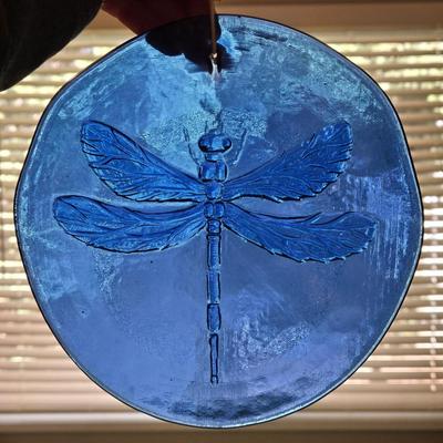 Cobalt Blue Glass Dragon Fly Hanging Disc and Purple Crackle Glass Ball