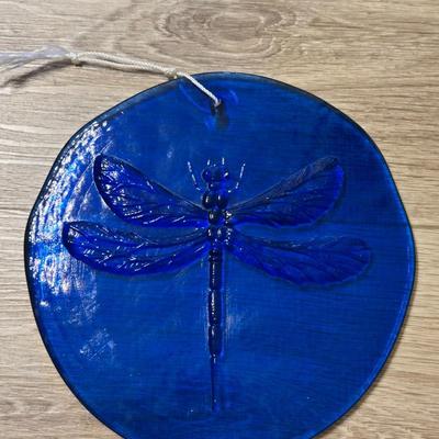 Cobalt Blue Glass Dragon Fly Hanging Disc and Purple Crackle Glass Ball