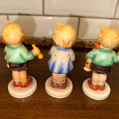 3.5in Hummel Trio #239/0 Boy with Horn and Horse (2 figures) and #239A Blonde Girl with Flowers