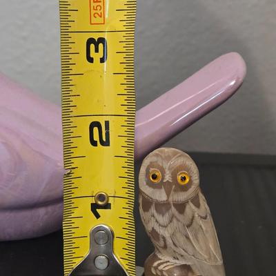 Pink Ceramic Bird and Carved Owl