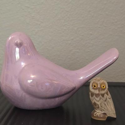 Pink Ceramic Bird and Carved Owl