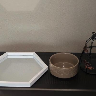 Bee Themed Deco - Cage, Ceramic Dish, and Mirror