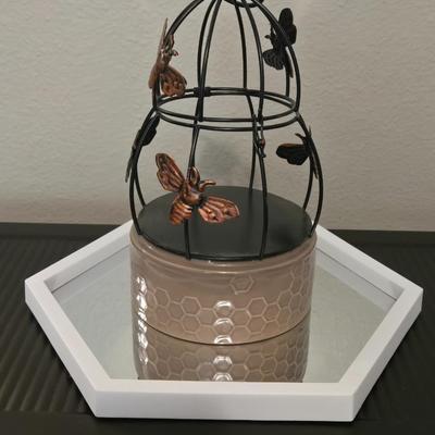 Bee Themed Deco - Cage, Ceramic Dish, and Mirror