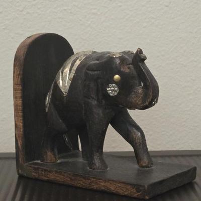 Wood and Metal Carved Elephant Bookend