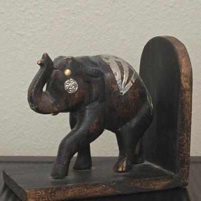 Wood and Metal Carved Elephant Bookend