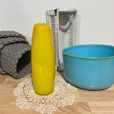 Baskets and Blue Glass Bowl and Yellow Rose Vase