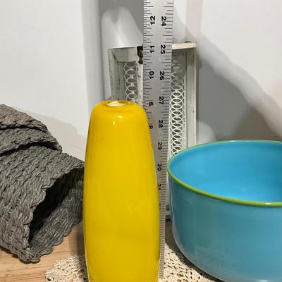 Baskets and Blue Glass Bowl and Yellow Rose Vase