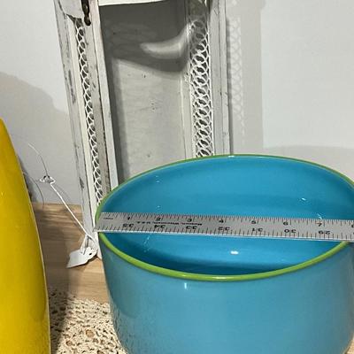 Baskets and Blue Glass Bowl and Yellow Rose Vase