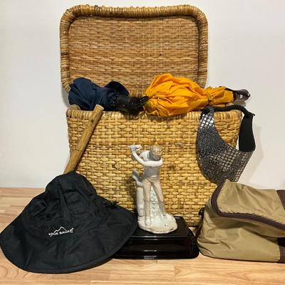 Bamboo Picnic Basket, Eddie Bauer Hat, Golfer Ardalt Japan, Umbrellas