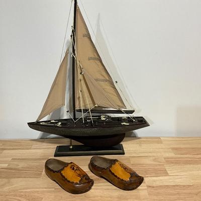 Vintage Hand Carved Dutch Wooden Shoe & Sail Boat decor.