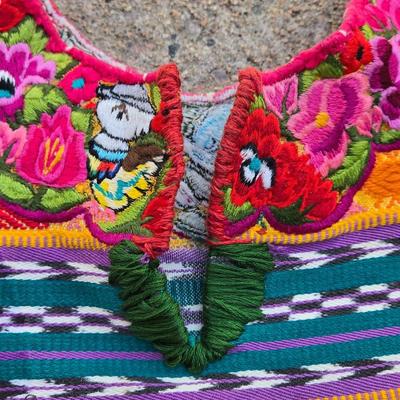 Vintage Guatemalan Poncho with Needlework Floral