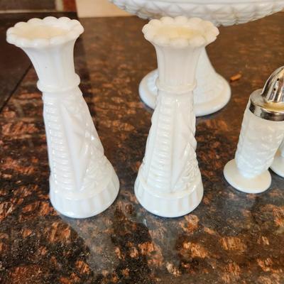 Milk Glass Bowl ,Salt Pepper shakers Vases