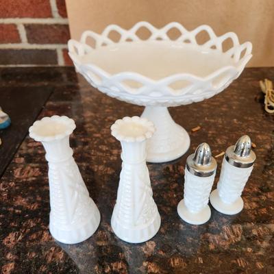Milk Glass Bowl ,Salt Pepper shakers Vases