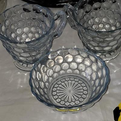 Lot of Clear and Blue Colored Glass Household Items