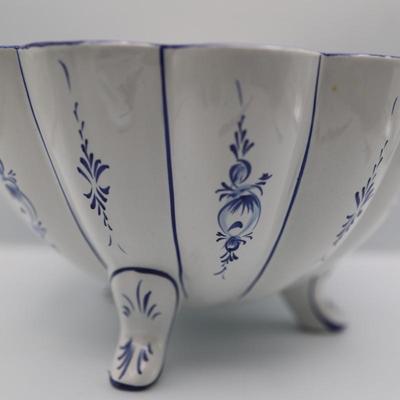 Hand Painted Portuguese Blue White Ceramic Footed Bowl