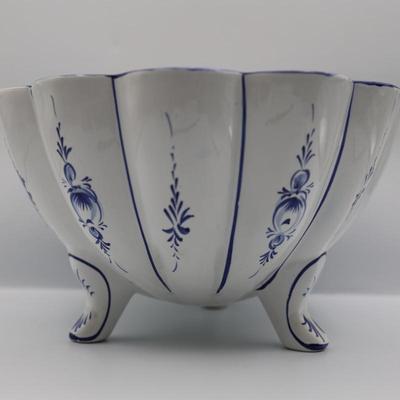 Hand Painted Portuguese Blue White Ceramic Footed Bowl