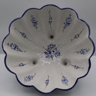 Hand Painted Portuguese Blue White Ceramic Footed Bowl