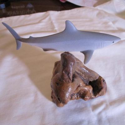 Vintage John Perry signed blue shark figurine on a beryl wood stand