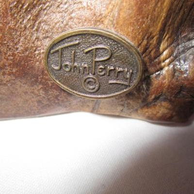 Vintage John Perry signed blue shark figurine on a beryl wood stand