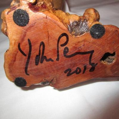 Vintage John Perry signed blue shark figurine on a beryl wood stand