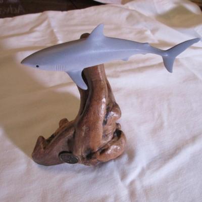 Vintage John Perry signed blue shark figurine on a beryl wood stand