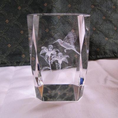 Hummingbird glass etched paperweight
