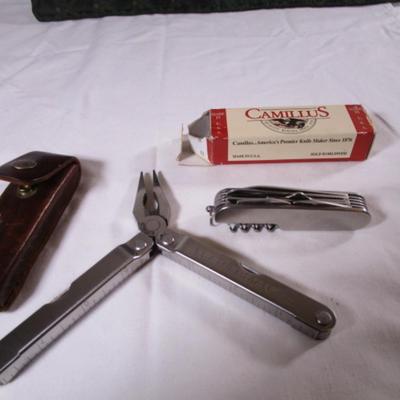 Real Leatherman with hard leather case; Geico multi-tool knife by Camillus