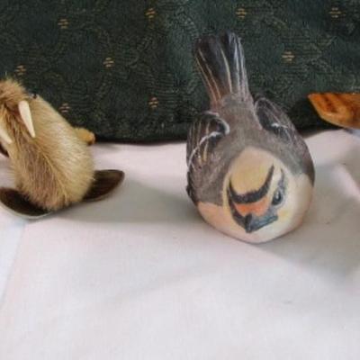 Figurines, dolphin, bird, furry seal, blown glass swan