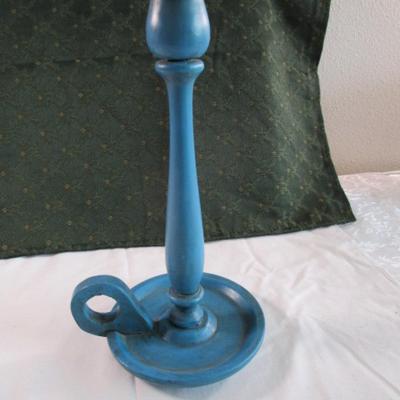 Vintage wood candlestick holder, Colonial American Blue