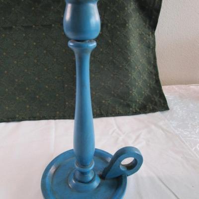 Vintage wood candlestick holder, Colonial American Blue