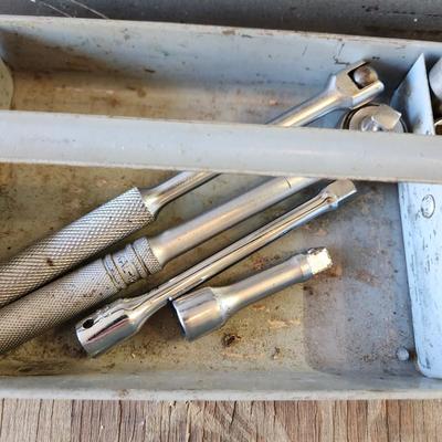 Tool box Loaded with Misc. Tools Sockets Hammer & others
