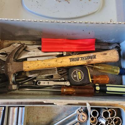 Tool box Loaded with Misc. Tools Sockets Hammer & others