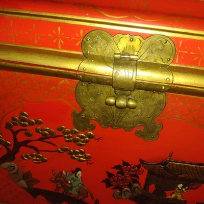 Lacquer Finish Asian Design Storage Box with Stand- Approx 19" x 15 1/2" x 30 1/4" Tall (No Contents Included)