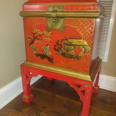 Lacquer Finish Asian Design Storage Box with Stand- Approx 19" x 15 1/2" x 30 1/4" Tall (No Contents Included)
