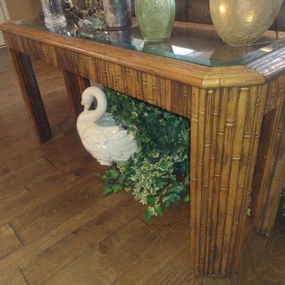 Bamboo Design Sofa Table with Beveled Glass Top- Approx 59 3/4" x 18 3/4" x 29" Tall (No Contents Included)