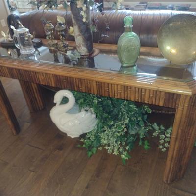 Bamboo Design Sofa Table with Beveled Glass Top- Approx 59 3/4" x 18 3/4" x 29" Tall (No Contents Included)