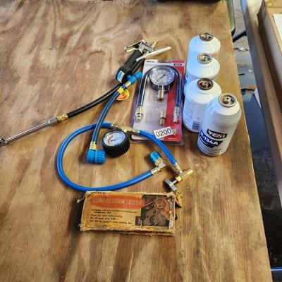 Compression Tester, Air Hose , R134A Refrigerant cans part filled