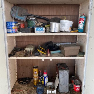 Vintage white cabinet with misc items inside